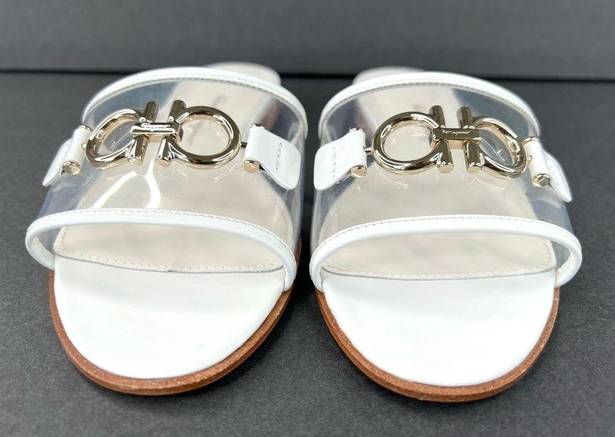 Salvatore Ferragamo  Rhodes Pvc Gancini Logo White Leather Flat Sandals Size US 5