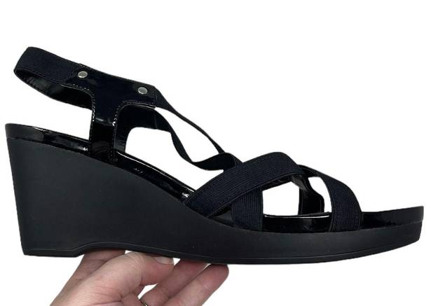 Ralph Lauren Women’s 10 Patent Leather Black Sandals Stretch Sling Stap Wedges