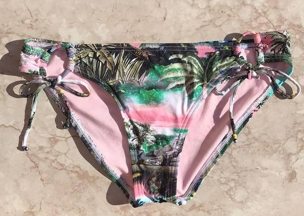 The Bikini Lab Pink and Green Tropical Print  Strappy Swim Bottoms