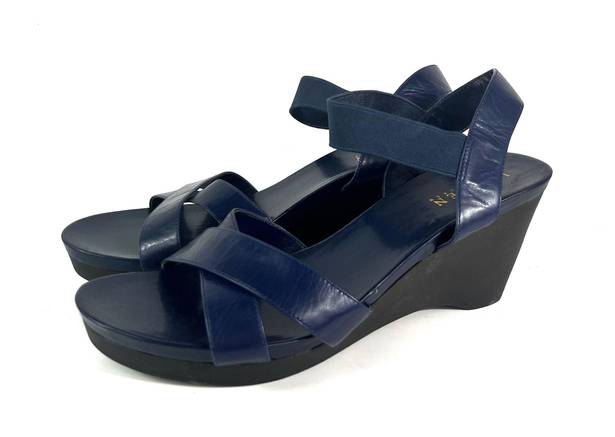 Ralph Lauren Lauren  LRL Navy Blue Leather Strappy Black Wedge Sandal Heels 10