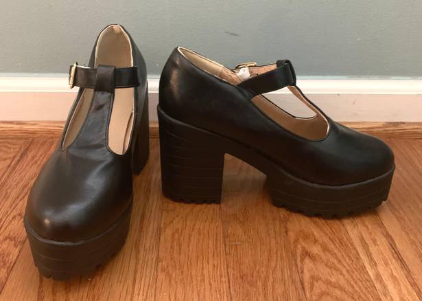 Faux Leather Mary Jane Black Platforms Size 6