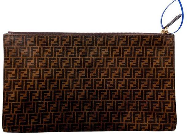 Fendi 🤍 Zucca FF Medium Suede Flat Pouch Clutch Brown Tobacco