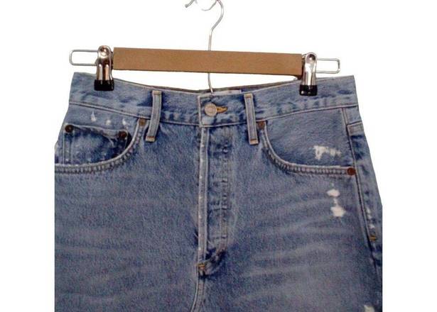 AGOLDE  light wash distressed frayed festival denim button fly mini skirt size 27