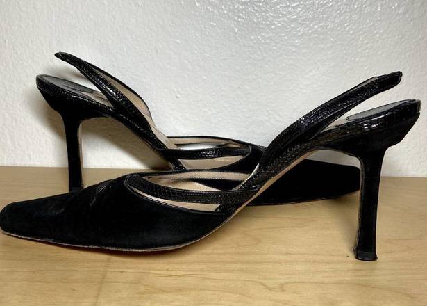 Manolo Blahnik  Sling Back Kitten Heel Black Suede Heels Pointed Toe Size 37 6.5