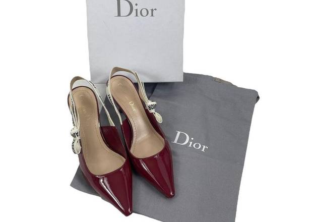 Dior  J'Adior Red Patent Leather Pointed Toe Logo Bow Slingback Pumps Size 36.5