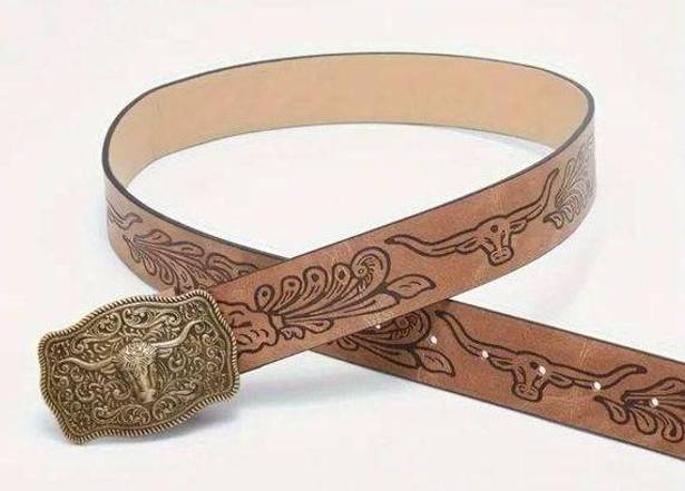 Western Bull Head Buckle Unisex Belt Vintage Style Embossed 37” Faux Leather Tan