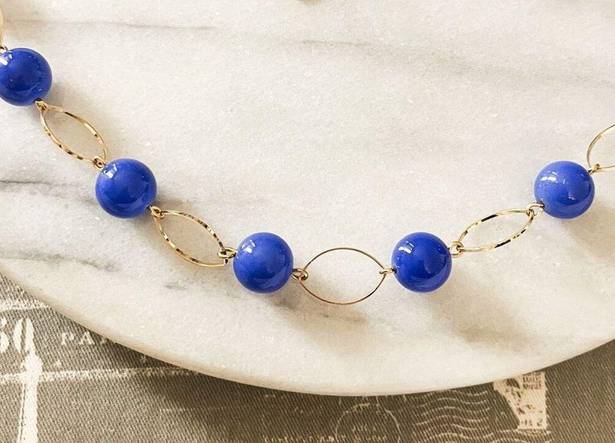Talbots  Blue Beaded Necklace - Round Beads, Gold Toned Metal Chain, Long Classic