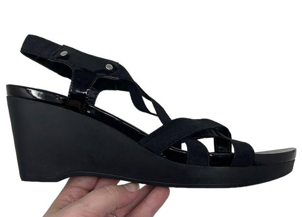 Ralph Lauren Women’s 10 Patent Leather Black Sandals Stretch Sling Stap Wedges