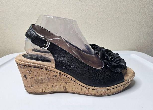 Blossom Born  Black Leather Slingback Open Toe Cork Wedge Shoes Women's Size 9M