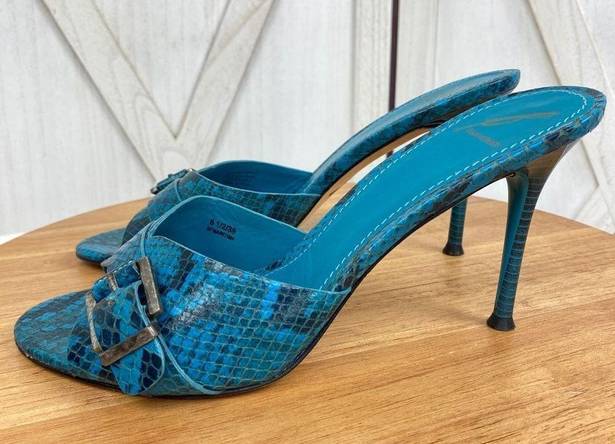 Brian Atwood  Maritima Snake Print Heeled Mule Sandals Turquoise 8.5