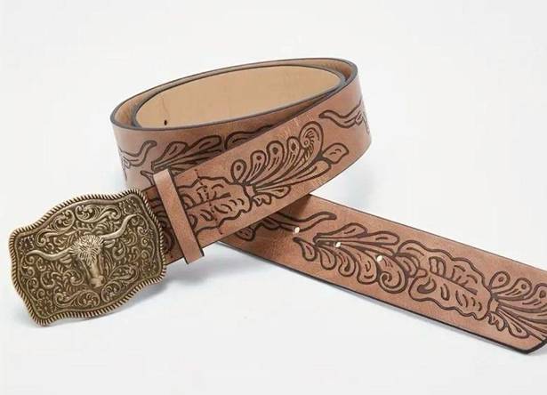 Western Bull Head Buckle Plus Size Belt Vintage Style Faux Leather Embossed 1XL Tan