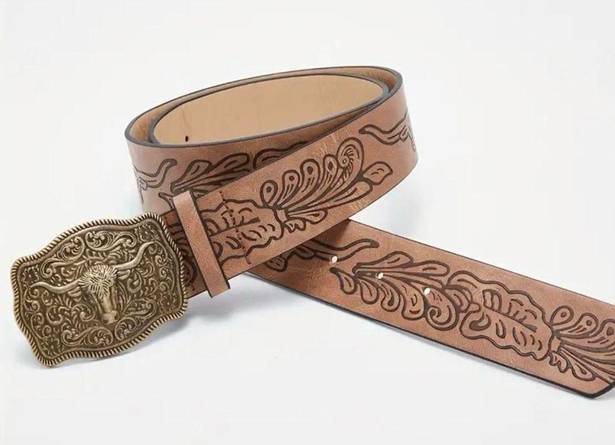 Western Bull Head Buckle Plus Size Belt Vintage Style Faux Leather Embossed 2XL Tan