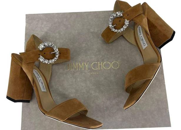 Jimmy Choo  Maysa 85 Leather Mules in Caramel Crystal