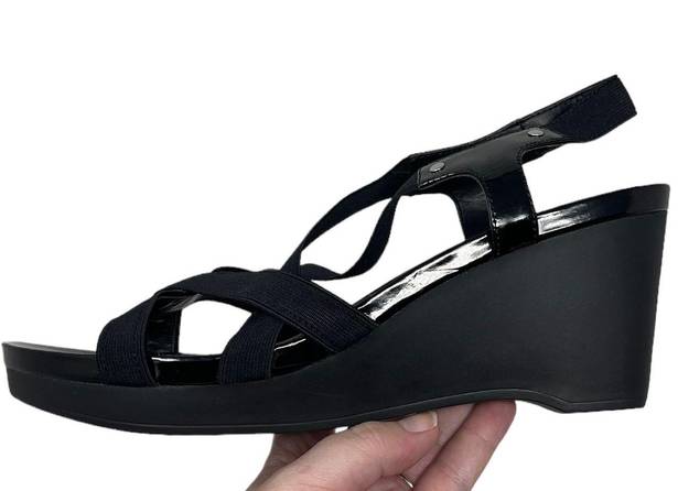 Ralph Lauren Women’s 10 Patent Leather Black Sandals Stretch Sling Stap Wedges