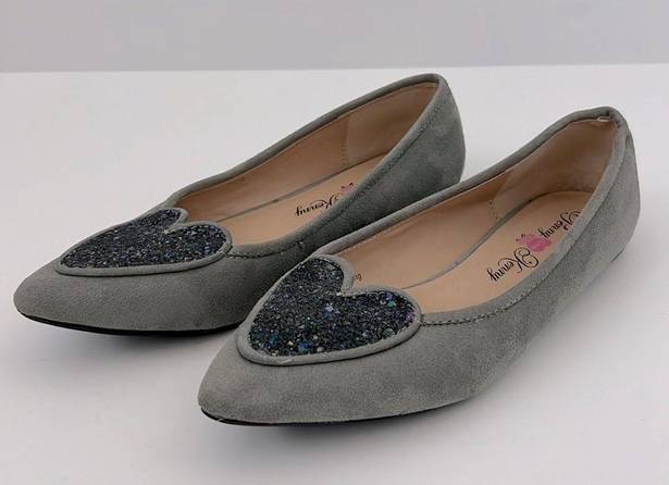 Penny Loves Kenny  Heart Glitter Sequin Pointy Toe Gray Suede Flats