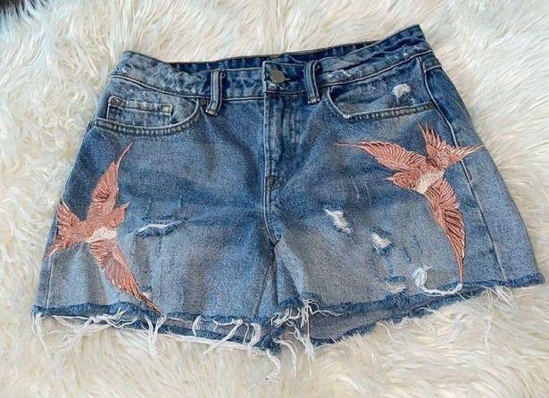 ALLSAINTS  Pam Birds Embroidered Denim Shorts in Indigo Blue