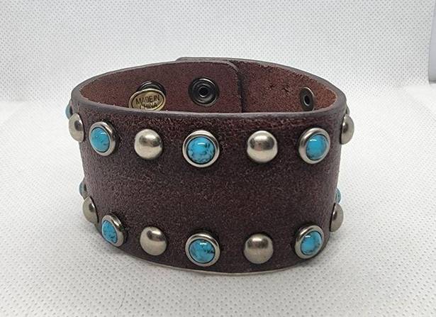 Buckle  Brown Genuine Leather, Blue Faux Stone, & Silver Stud Bracelet