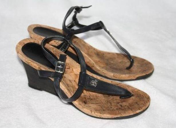 Ralph Lauren Lauren  Women's Jeannie Wedges Sandals Open Toe Black Logo 6.5