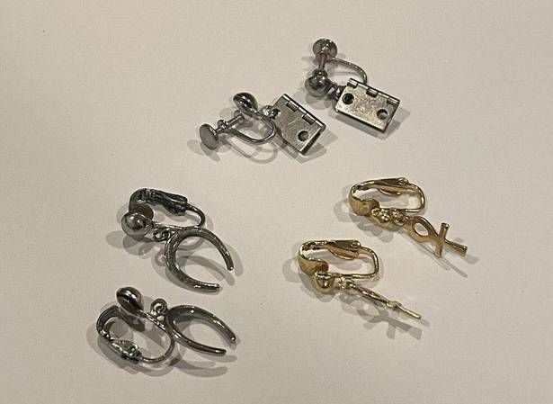 Gold Hinge Lot Of 3 Fun Novelty Clip On Screw On Earrings Dangle- Door Hinge Horseshoe Etc