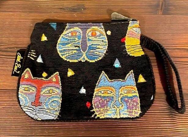 Feline Laurel Burch NWOT  Faces Colorful Tapestry Black Sequin Cat Wristlet