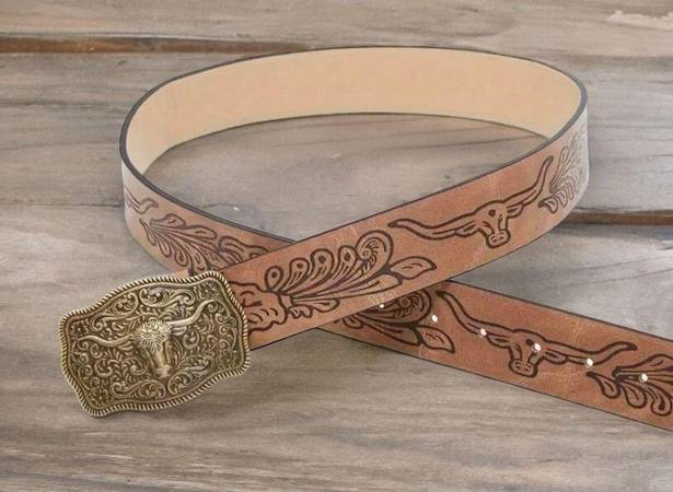 Western Style Bull Head Buckle Unisex Belt Vintage Embossed Brown