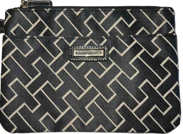 Tommy Hilfiger Womens Geometric Print Wristlet Wallet Clutch Bag Black Tan EUC