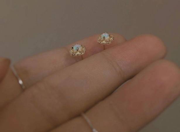 18K Gold Plated Hollow Mini Small Opal Stud Earrings for Women