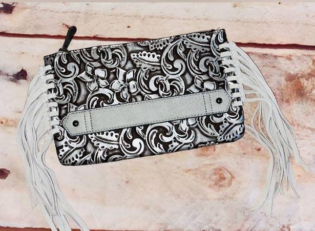 Justin Boots JUSTIN Leather Tooled Silver Clutch Bag with Frimge