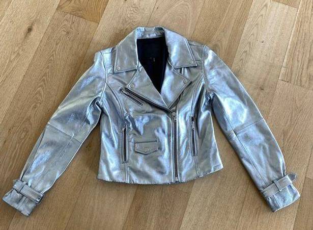 Paige  Ashby Metallic Leather Moto Jacket in Pearlized White/ Silver