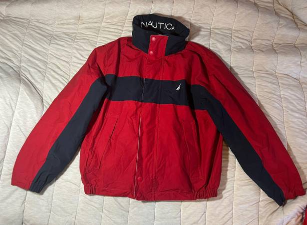 Nautica Vintage  Red/Navy Stripe Jacket w Logo on the Neck & Attached Hood