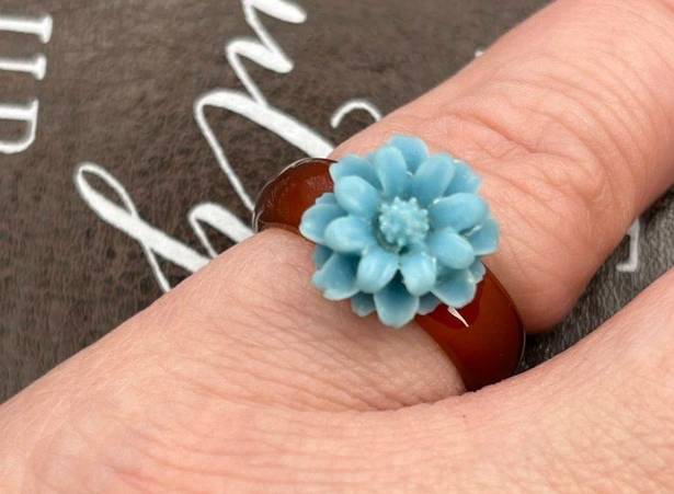 Daisy Baby Blue  Floral Brown Agate Bohemian Size 7 Ring