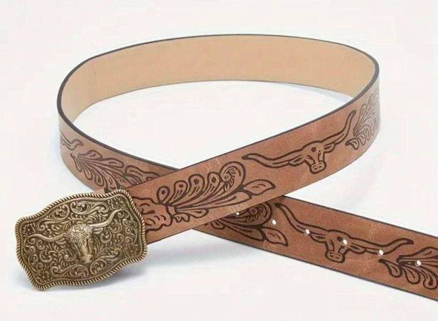 Western Style Bull Head Buckle Unisex Belt Vintage Embossed Brown