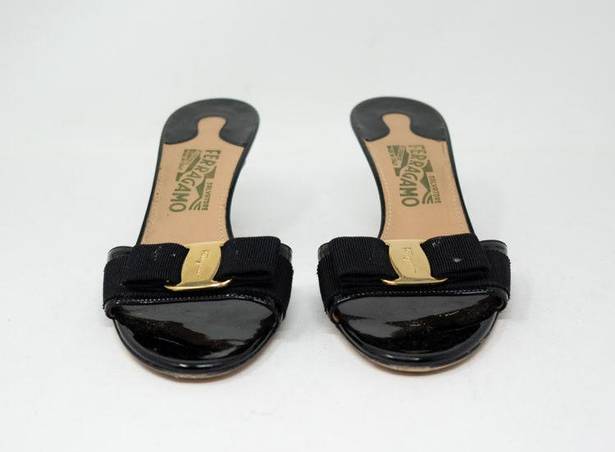 Salvatore Ferragamo  Black Patent Leather Gold Logo Buckle Open Toe Heel Sandals 