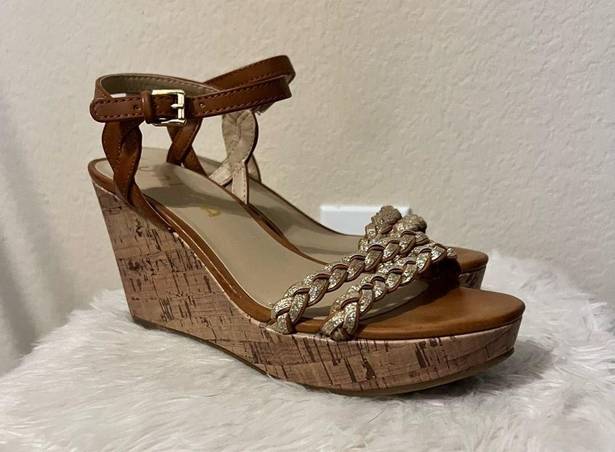 Unisa  Tan and Gold Braided Wedge Cork Heels