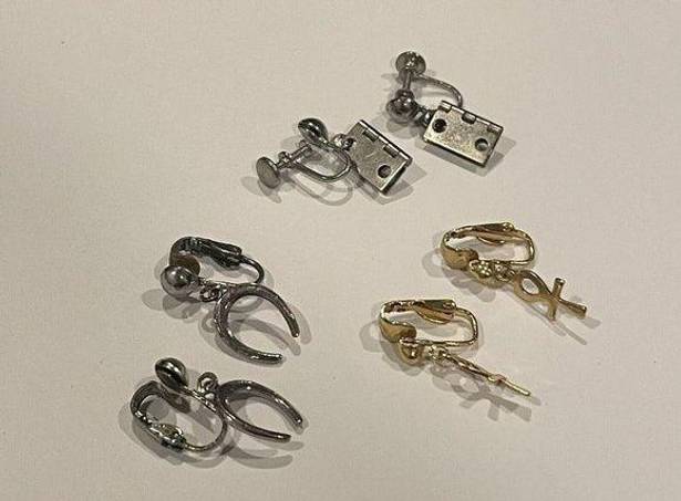 Gold Hinge Lot Of 3 Fun Novelty Clip On Screw On Earrings Dangle- Door Hinge Horseshoe Etc