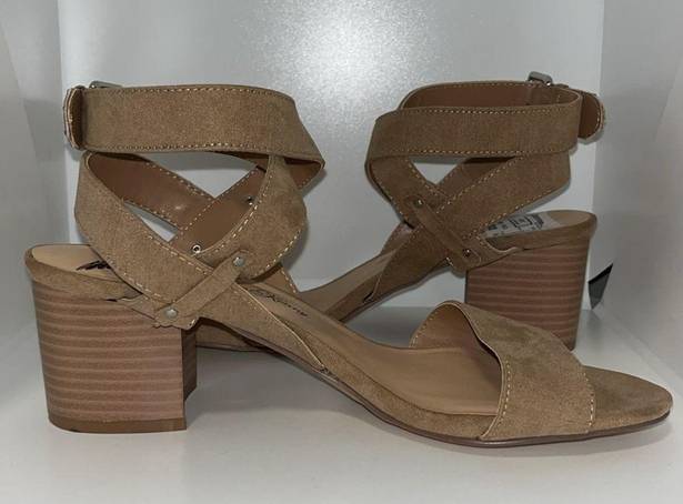 Penny Loves Kenny  Strappy Wrap Ankle Open Toe Heels Tan Microfiber Women’s 8