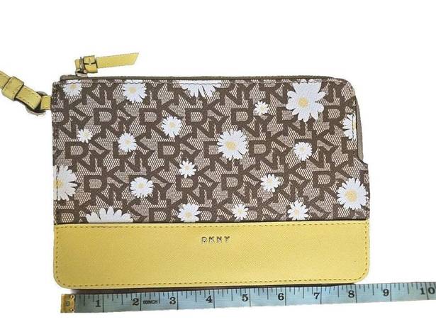 DKNY  Logo Wristlet Pouch Clutch Zipper Bag Daisies Saffron Leather Yellow Brown