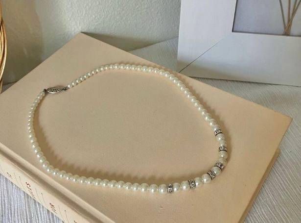 American Vintage Vintage “Baxleigh” White Silver Pearl Necklace 18.5” Marquis Fishhook Rhinestone