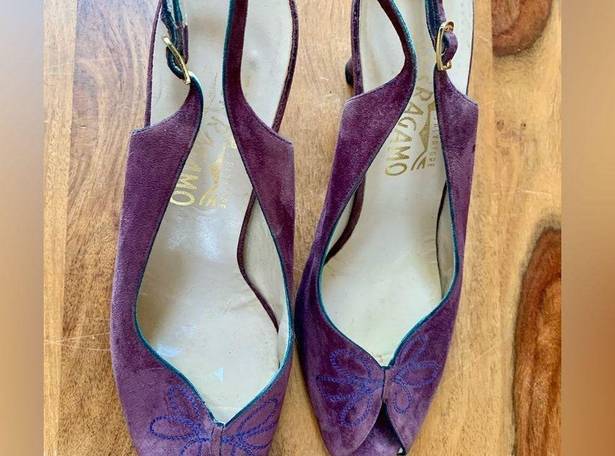 Salvatore Ferragamo Vintage  Purple Suede Sling Back Heels