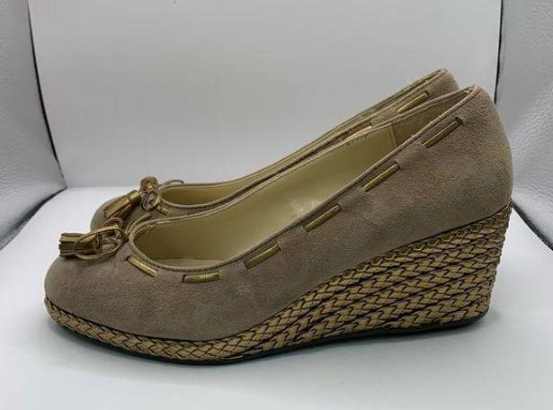 Ralph Lauren  Tan Cambree Tassel Bow Braided Woven Gold Heel Wedge  Womens Sz 8