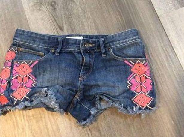 Roxy  Jean Shorts 25 Jr Women Blue Cutoff Raw Hem Embroidered Aztec Stretch Denim