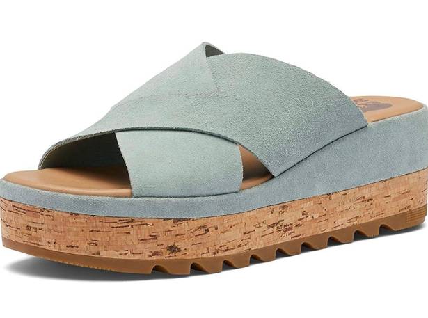 Sorel Cameron Flatform Crushed Blue Suede Mule Wedge Sandals