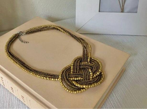 American Vintage Vintage “Kayte” Gold Beaded Forget Me Knot Necklace Multi Strand Brown Boho Chunky Gold Chain Jewelry