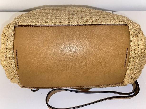 Fossil Vintage  Tan Straw Basket Weave Leather Round Wood Handle Hobo Purse Bag