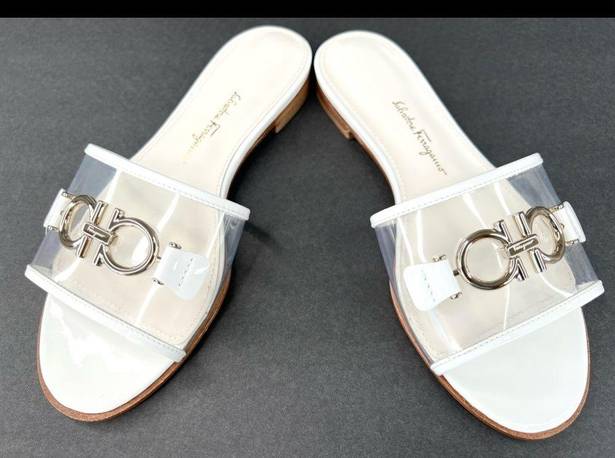 Salvatore Ferragamo  Rhodes Pvc Gancini Logo White Leather Flat Sandals Size US 5