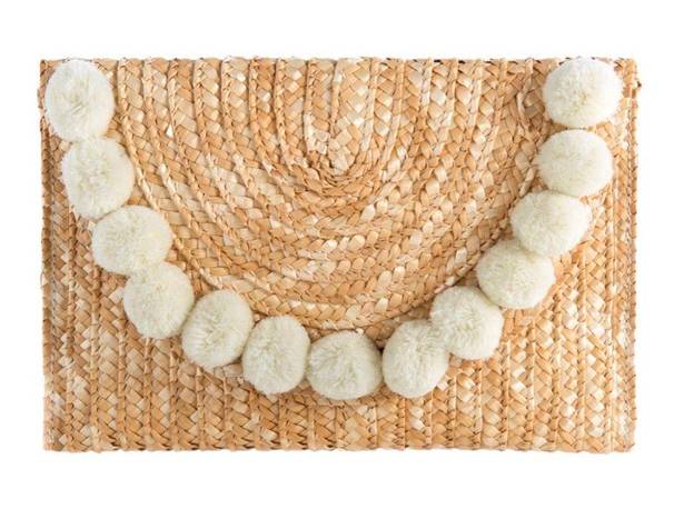 Shiraleah Fortuna Wheat/Cream Straw Raffia Envelope Pom Pom Clutch Bag