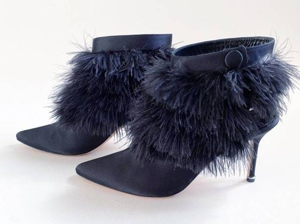 Manolo Blahnik  Black Oterala Satin & Feather Pointed Booties Size 39.5