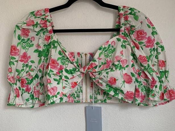 Hill House NWT  Home Puff Sleeve Floral Bow Crop Top in White/Pink