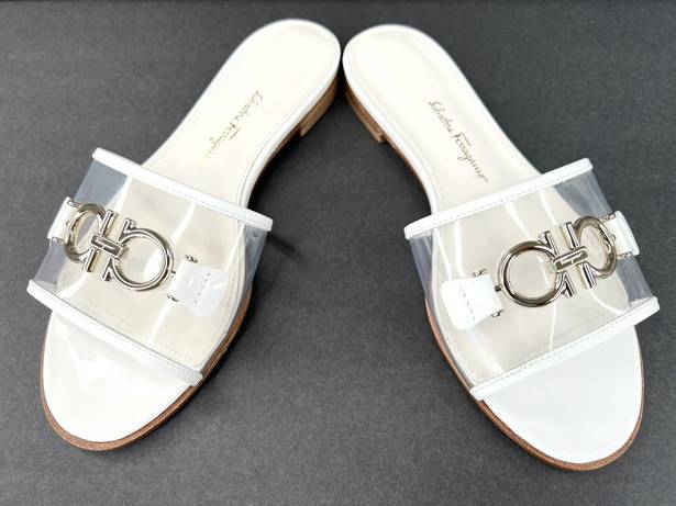 Salvatore Ferragamo  Rhodes Pvc Gancini Logo White Leather Flat Sandals Size US 5