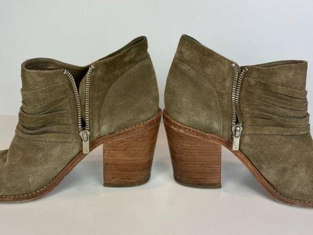 Loeffler Randall  Ankle Booties 9 Khaki Green Gray Suede‎ Leather Stacked Heel